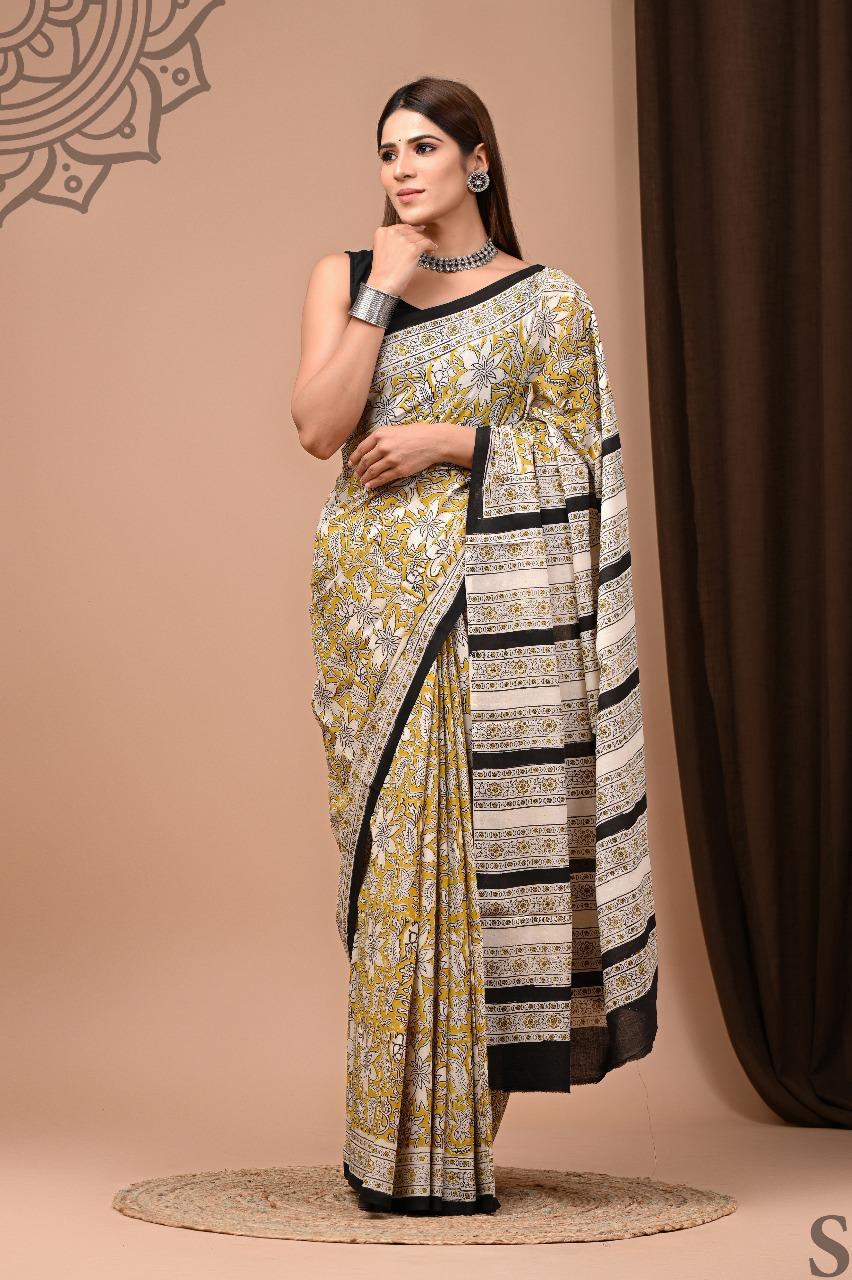 Traditional Authentic Hand Block Printed Pure Organic Cotton Sarees With matching Blouse