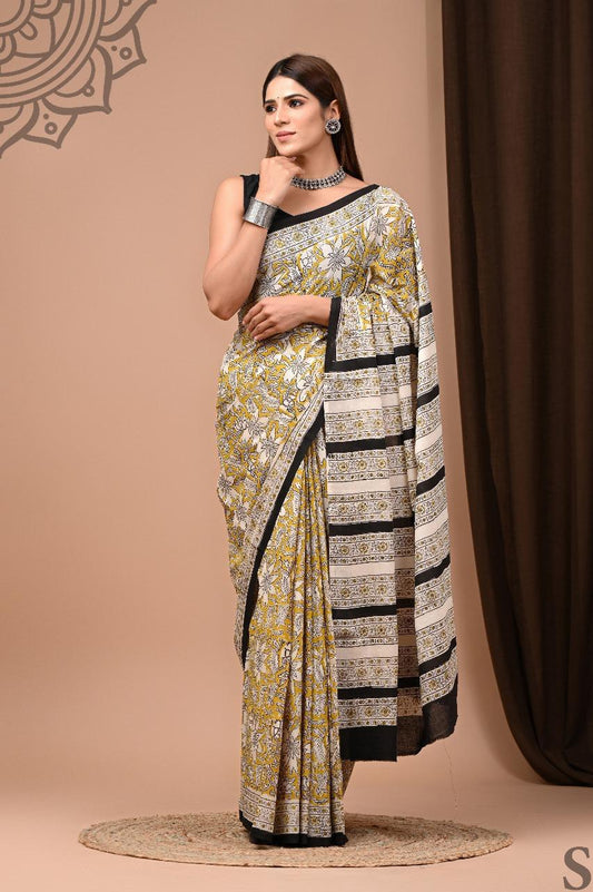 Traditional Authentic Hand Block Printed Pure Organic Cotton Sarees With matching Blouse