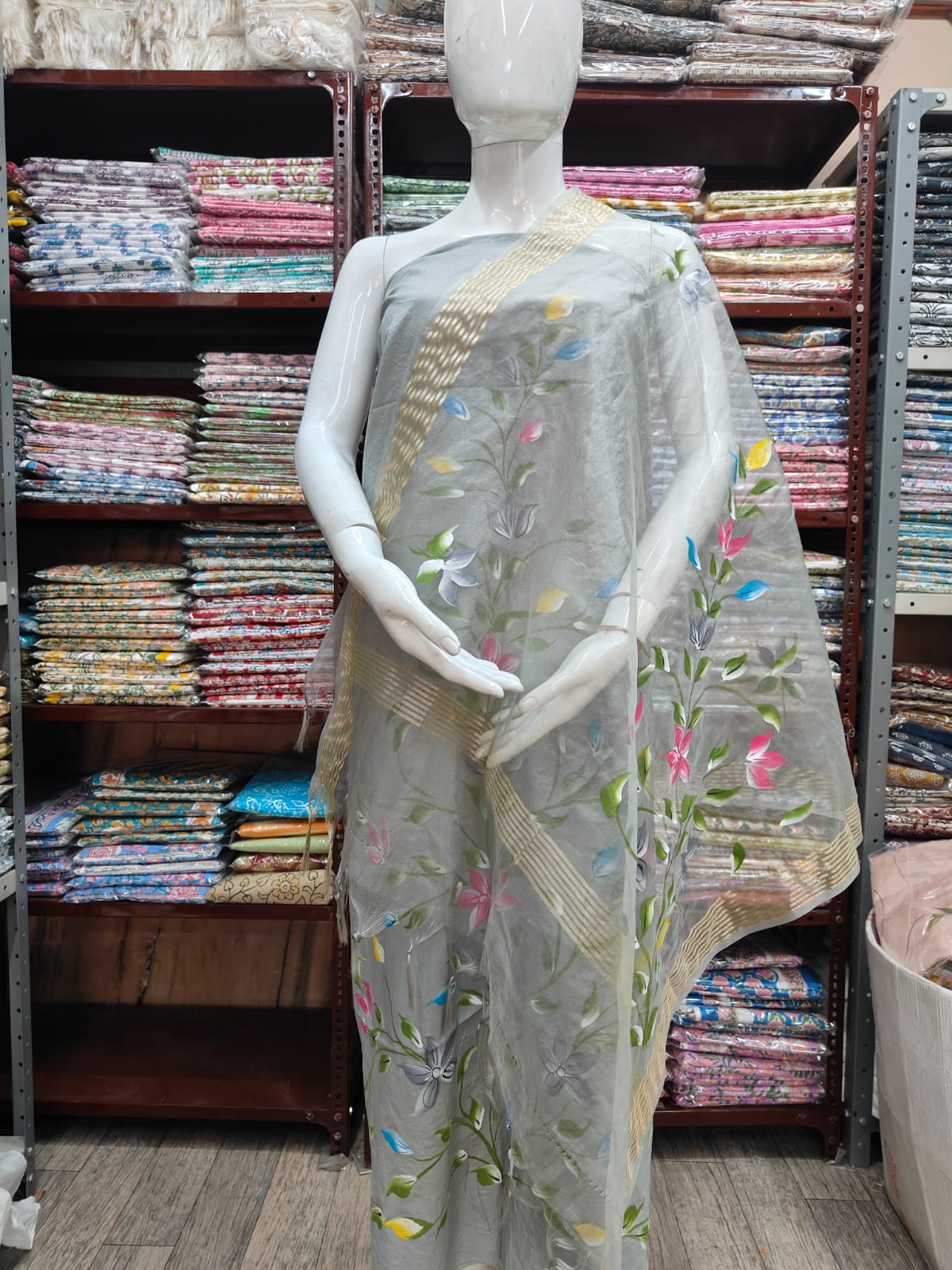 Elegant Hand Block Printed Cotton Suit With Organza Dupatta