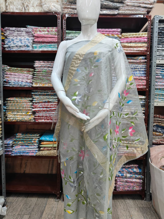 Elegant Hand Block Printed Cotton Suit With Organza Dupatta