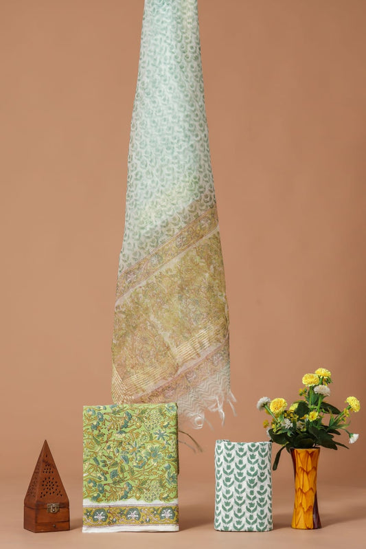 Elegant Hand Block Printed Cotton Suit With Organza Dupatta