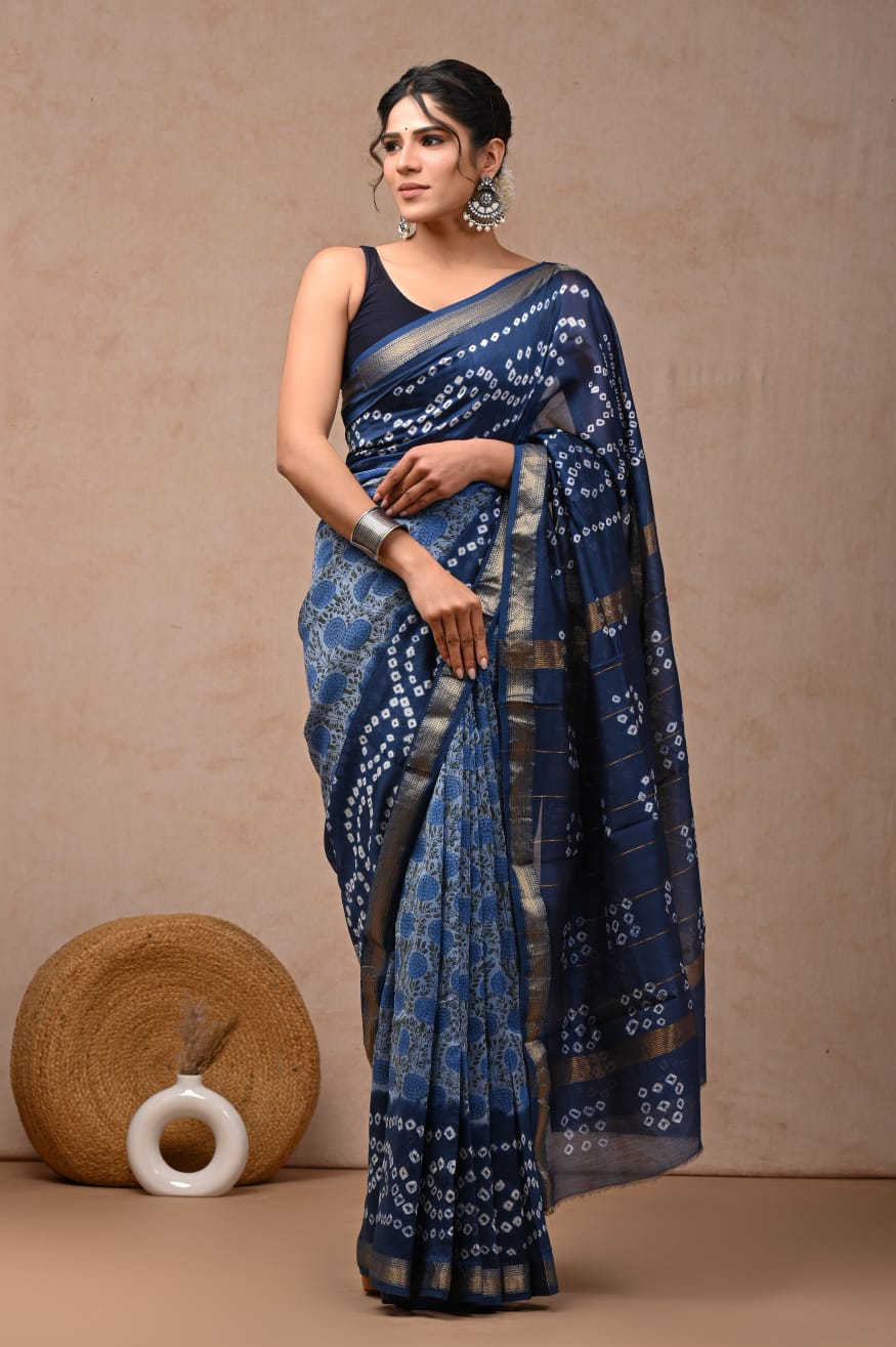 New Designer Hand Block Print Maheshwari Silk Saree