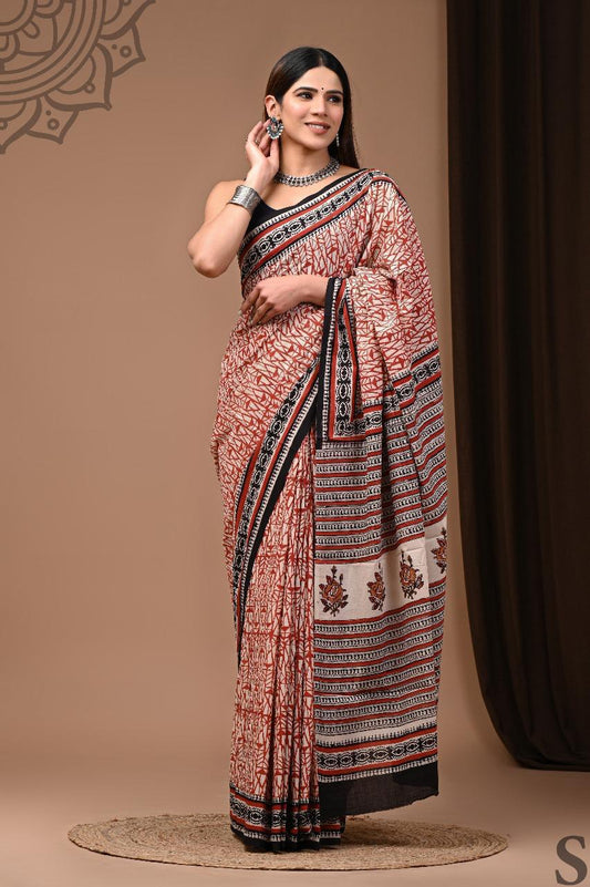 Traditional Authentic Hand Block Printed Pure Organic Cotton Sarees With matching Blouse