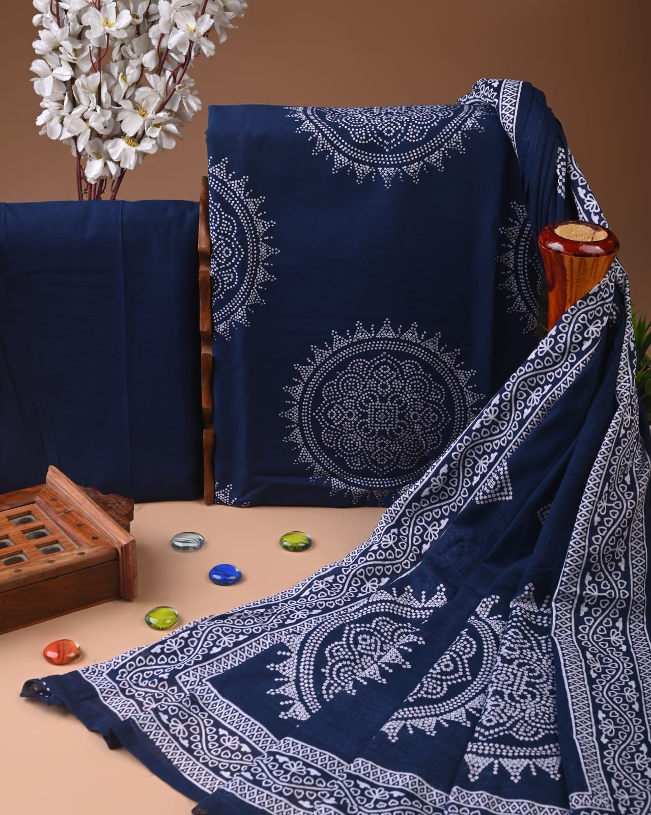 Dark Blue Hand Block Cotton Suit with Cotton Dupatta – MyRaika
