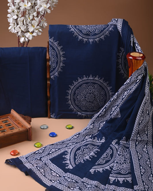 Dark Blue Hand Block Cotton Suit with Cotton Dupatta – MyRaika