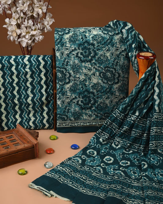 Green Hand Block Cotton Suit with Cotton Dupatta – MyRaika