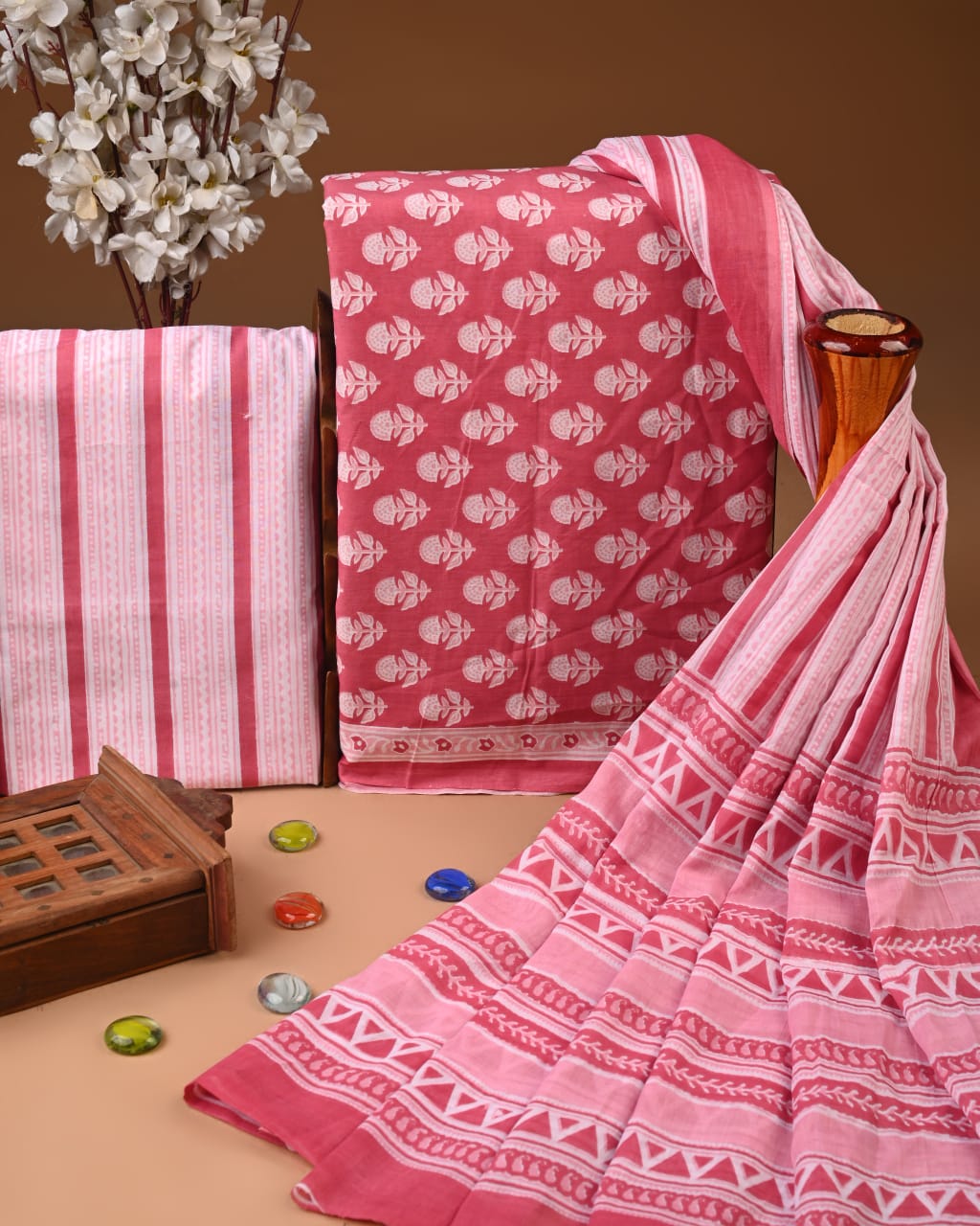 Light Pink Hand Block Cotton Suit with Cotton Dupatta – MyRaika