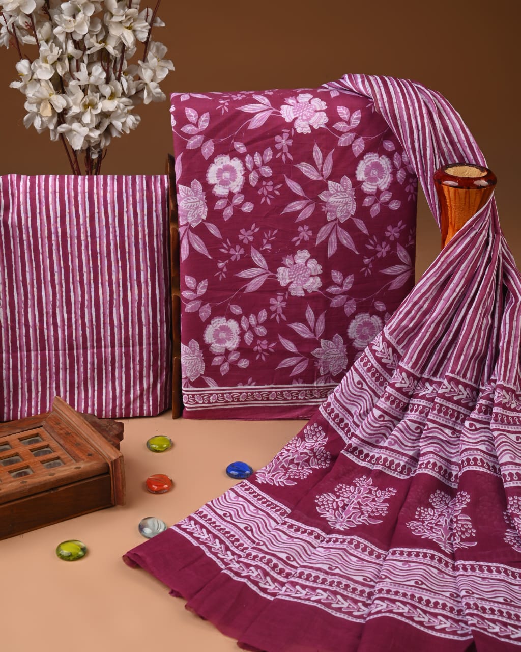 Magenta Hand Block Cotton Suit with Cotton Dupatta – MyRaika