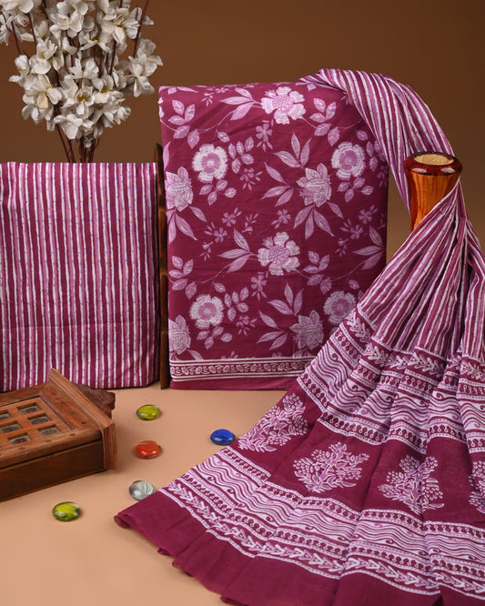 Magenta Hand Block Cotton Suit with Cotton Dupatta – MyRaika