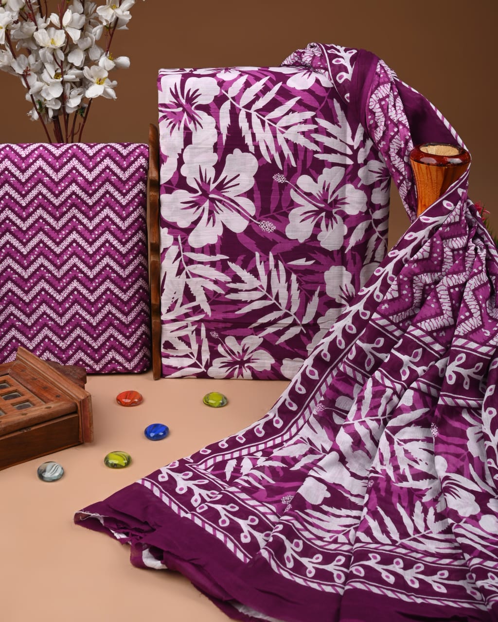 Purple Hand Block Cotton Suit with Cotton Dupatta – MyRaika