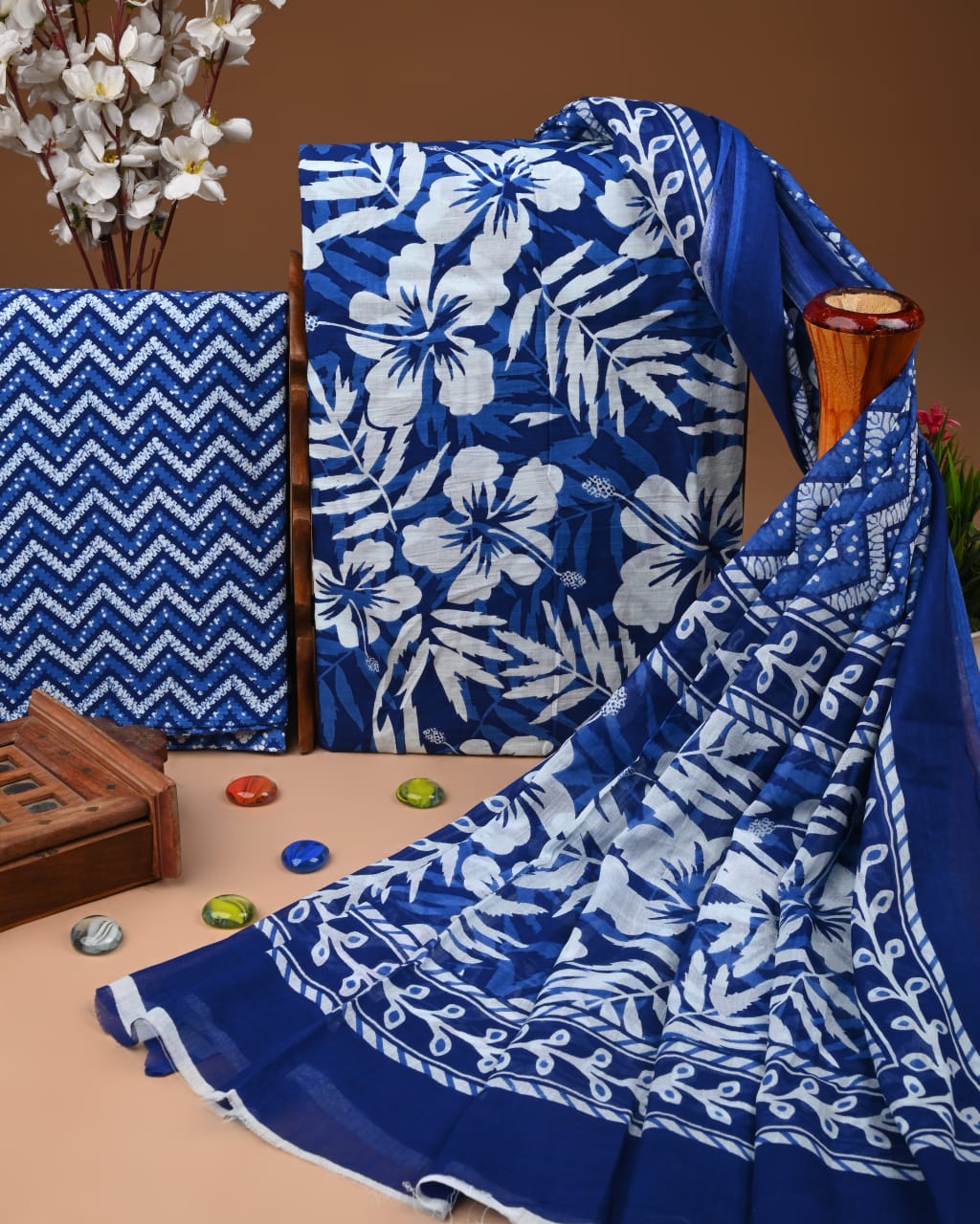 Royal Blue Hand Block Cotton Suit with Cotton Dupatta – MyRaika