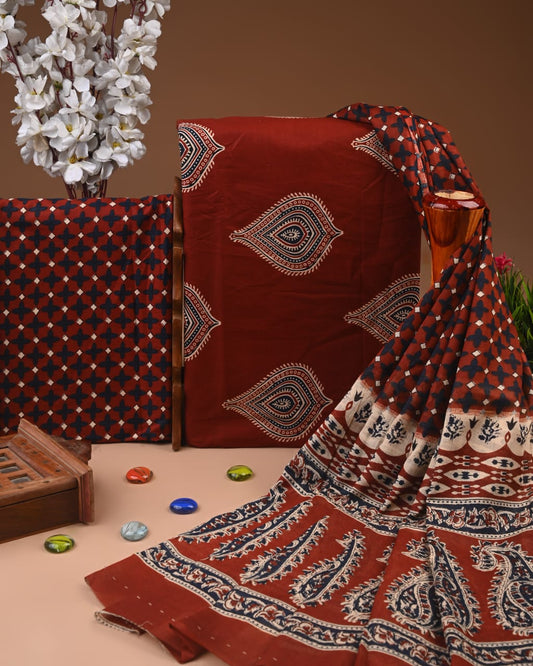 Rust Hand Block Cotton Suit with Cotton Dupatta – MyRaika