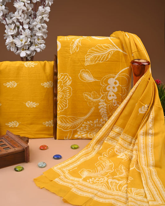 Yellow Hand Block Cotton Suit with Cotton Dupatta – MyRaika